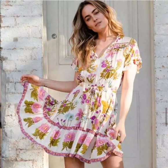 Boho 70s Large Floral Gypsy Print Dress Ruffle - Picture 11 of 14